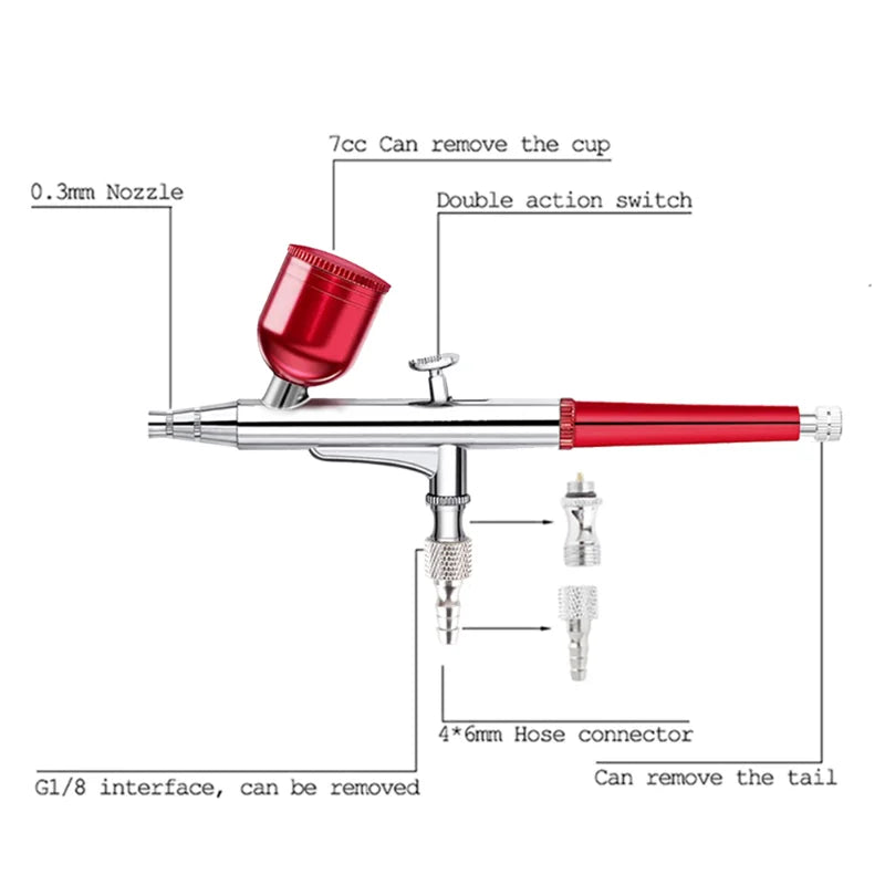 Dual Action Red Airbrush Pen Hose Spray Art Painting Tattoo Cake Makeup  Air Brush Cup Gel Blaster Gun Tool 0.3mm Caliber SJ-81