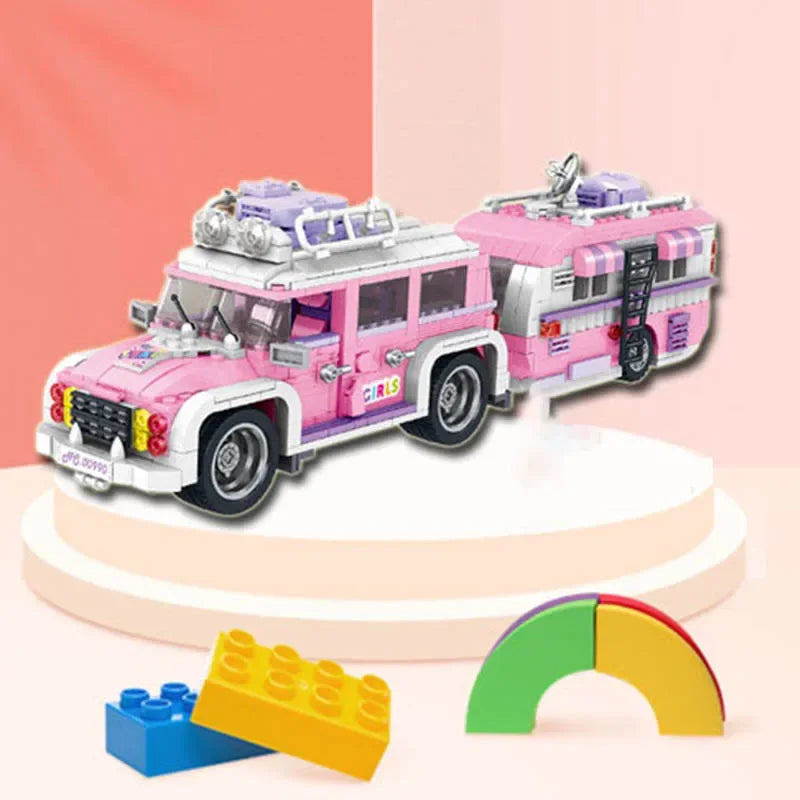 Technical 1149Pcs Pink Camper Touring Bus Travel Car Model Building Micro Blocks City Wagon Truck With Figures Bricks Toys Gifts