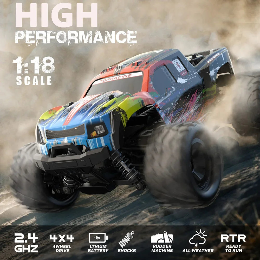 1/18 Scale 4WD Off-Road Monster Trucks RC Cars with 38KM/H High Speed, 2.4 GHz Remote-Controlled Electric All Terrain Car Toys