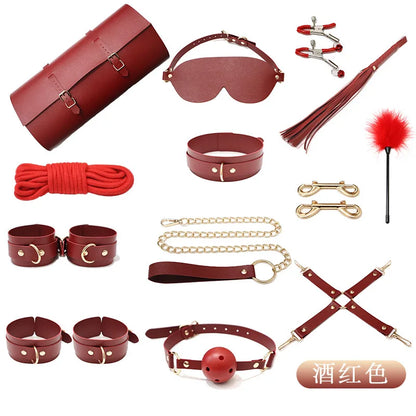 8-13pcs set Classic BDSM Restraints Sex Toy Kits Handcuffs & Ankle Fetish Suit Nipple Clipper Mouth Gag Whip Sex Feather Soft SM