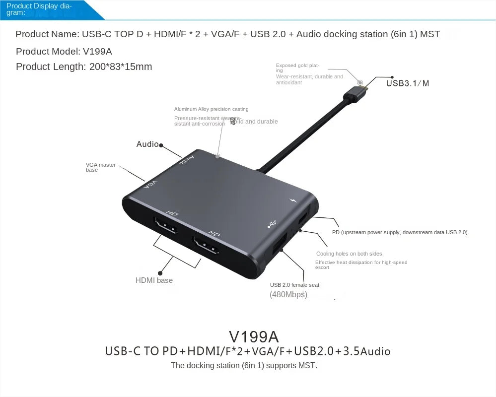 6-in-1 Type C To HDMI*2+VGA+USB2.0+Audio+Power Delivery: MST Supported Docking Station