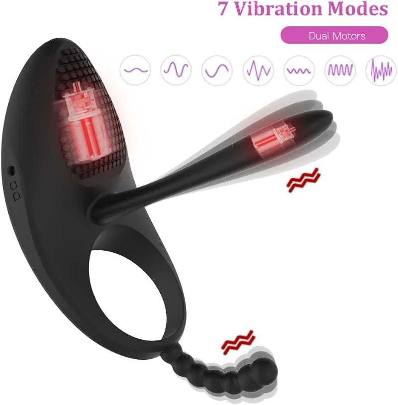 Vibrating Cock Ring with Tongue Stimulator Raised Nodules Anal Beads for Couple Play Utimi Penis Ring Wearable Vibrator 7 Modes