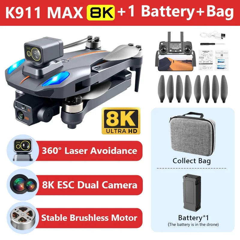 XKJ K911 Max 5G WIFI FPV GPS 8K ESC Dual Camera 360° Optical Flow Positioning Brushless Foldable RC Drone Quadcopter RTF