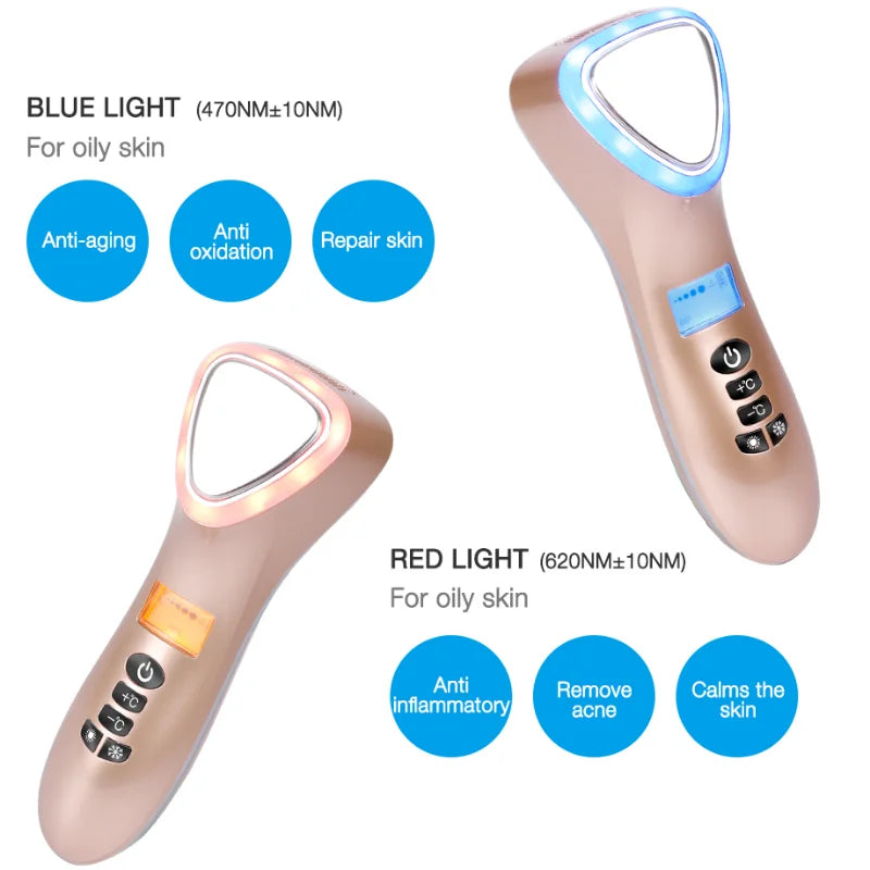 Home Hot and Cold Hammer Ultrasonic Cryotherapy LED Photon Shrink Pore Facial Lifting Vibration Massager Ultrasonic Skin Care