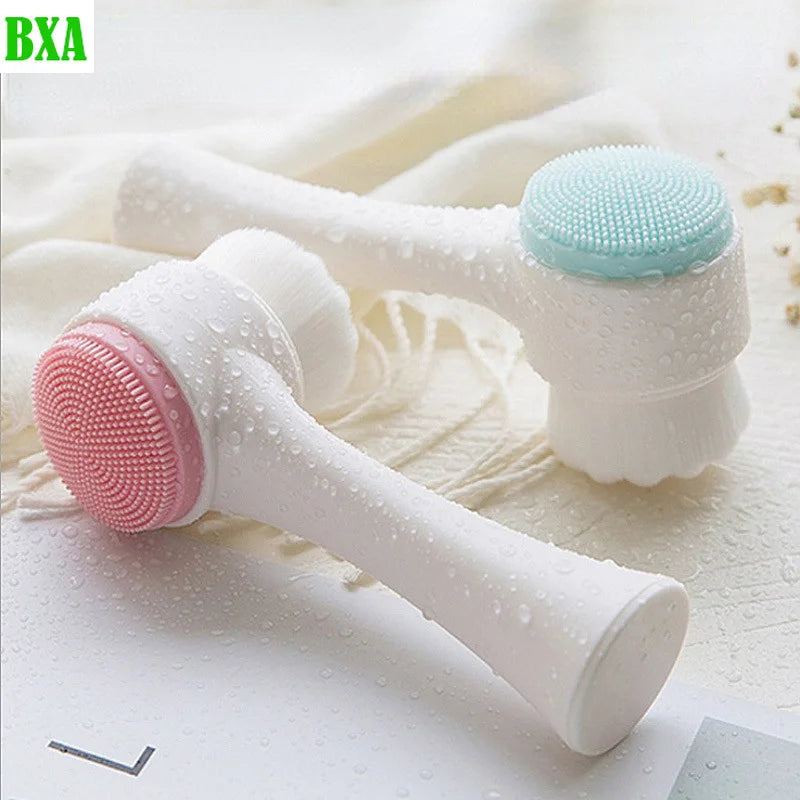 BXA Portable 3D Bilateral Silicone Facial Cleanser Manual Massage Facial Brush Soft Bristles Silicone Double-Sided Face Brush