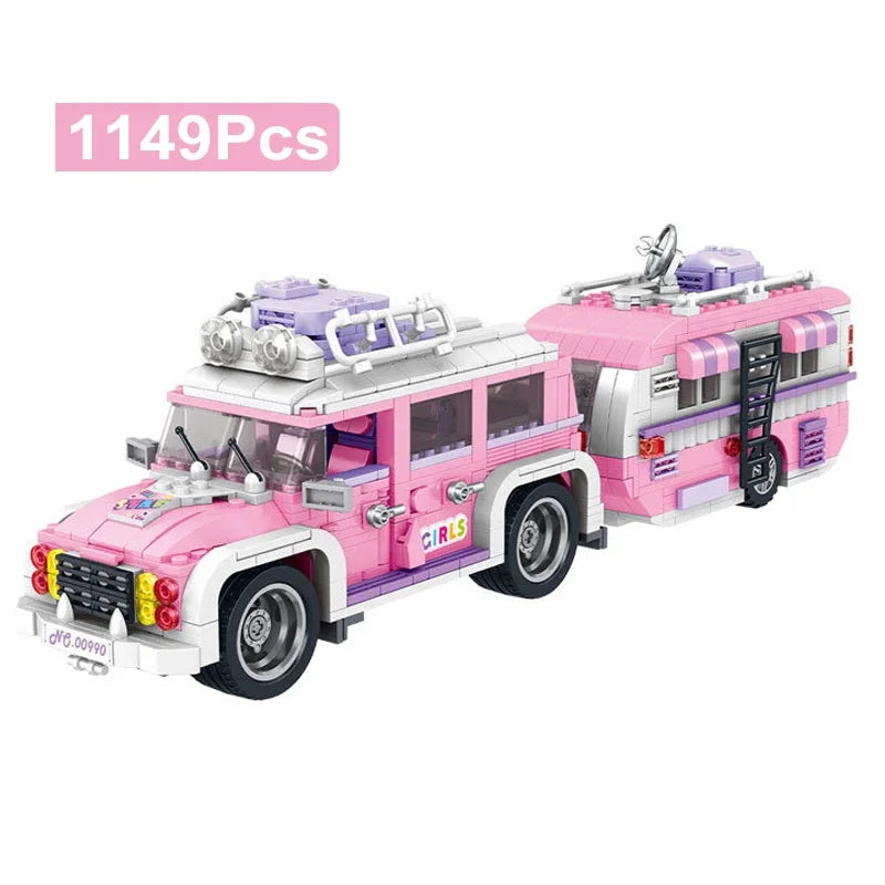 Technical 1149Pcs Pink Camper Touring Bus Travel Car Model Building Micro Blocks City Wagon Truck With Figures Bricks Toys Gifts