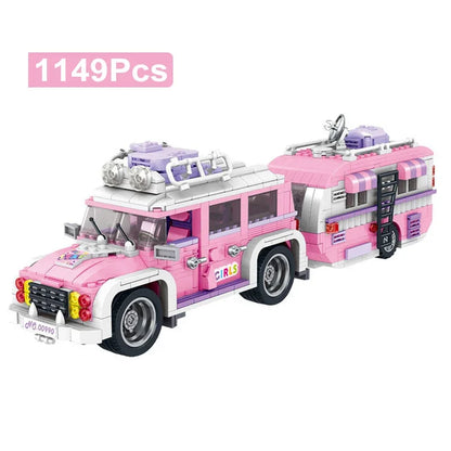 Technical 1149Pcs Pink Camper Touring Bus Travel Car Model Building Micro Blocks City Wagon Truck With Figures Bricks Toys Gifts