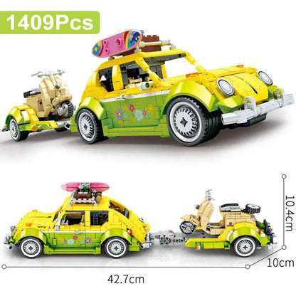 1409Pcs MOC Technical Pull Back Beetle Racing Car Model Building Blocks City Trailer Vehicle Filling Station Bricks Toy Kid Gift