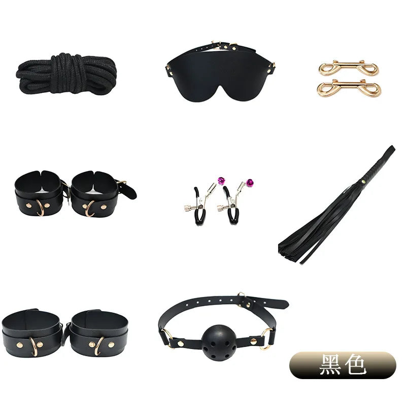 8-13pcs set Classic BDSM Restraints Sex Toy Kits Handcuffs & Ankle Fetish Suit Nipple Clipper Mouth Gag Whip Sex Feather Soft SM