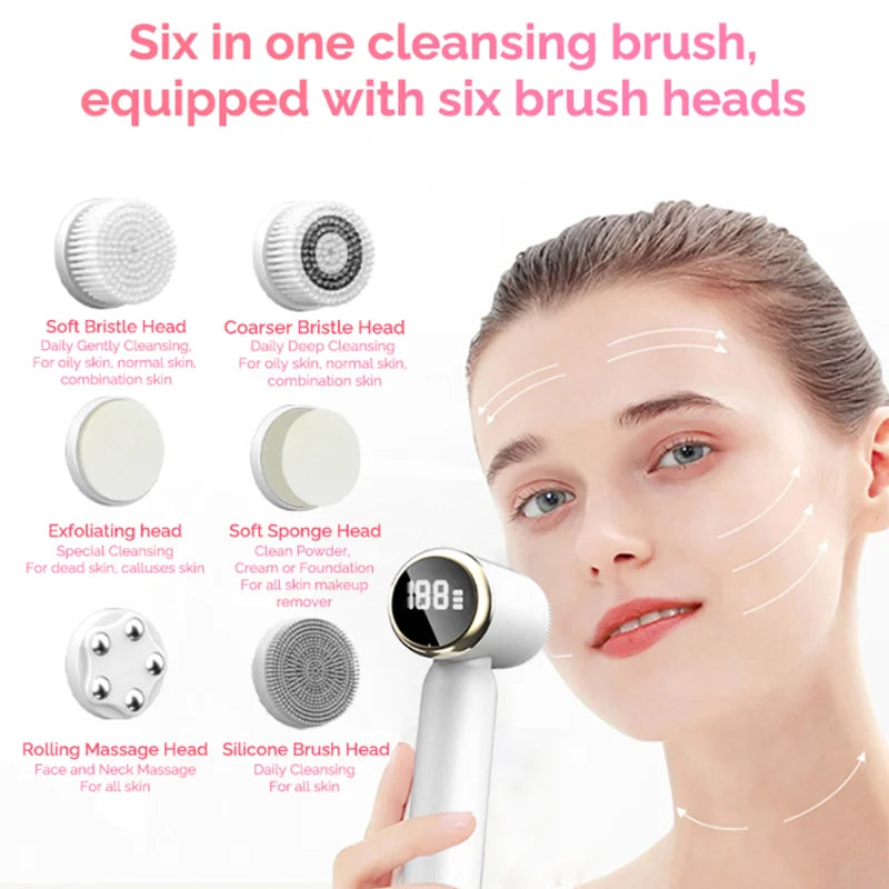 6 In 1 Electric Facial Cleansing Brush LED Display Face Cleaner Blackhead Removal Pore Clean Skin Rejuvenation Beauty Care