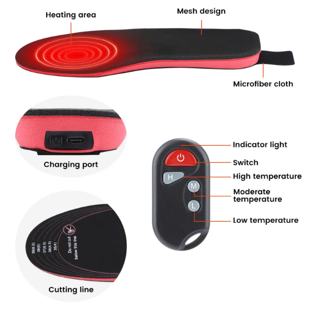 New Shoes Pads For Skiing Winter Outdoor Black Heated Insoles 2100mAh Electric Foot Warmer Hot Compress Remote Control 3-speed