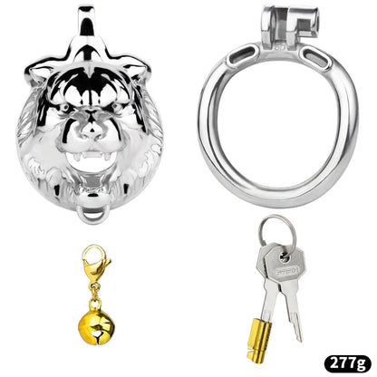 Stainless Steel Cow Tiger Head Shape Cock Cage Male Chastity Device Cock Ring Penis Lock with Belt for Adult Game Metal Sex Toy