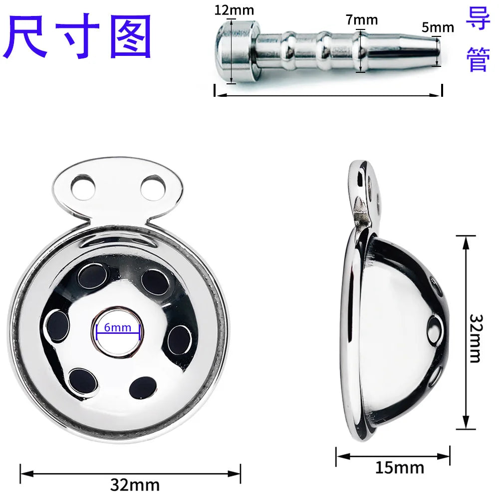 Stainless Steel Pot Lid Chastity Cage Penis Cock Ring Lock Hollow Guide Hole Catheter for Male Convenient Urination Sex Toys