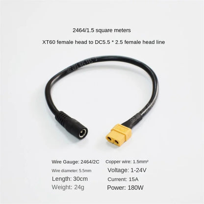 15A Pure Copper Black Head Drone Aircraft Carrier Aviation XT60 Female To DC 5.5*2.5 Female Cable 1.5mm²