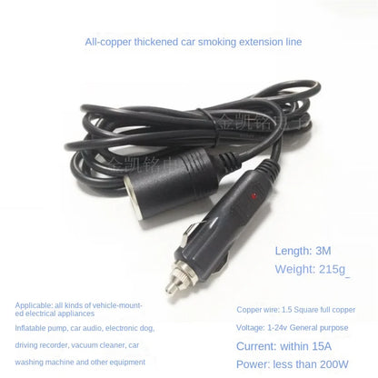 Thick Copper Power Extension Cable - 1.5mm² - 12V24V Universal - 3m Length - for High-Power Car Cigarette Lighter