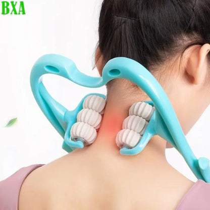 1Pc Neck Massage Cervical Massager Clip Artifact Six Wheel Neck Kneading Massager Manual Multifunctional Home Use (pink/blue)