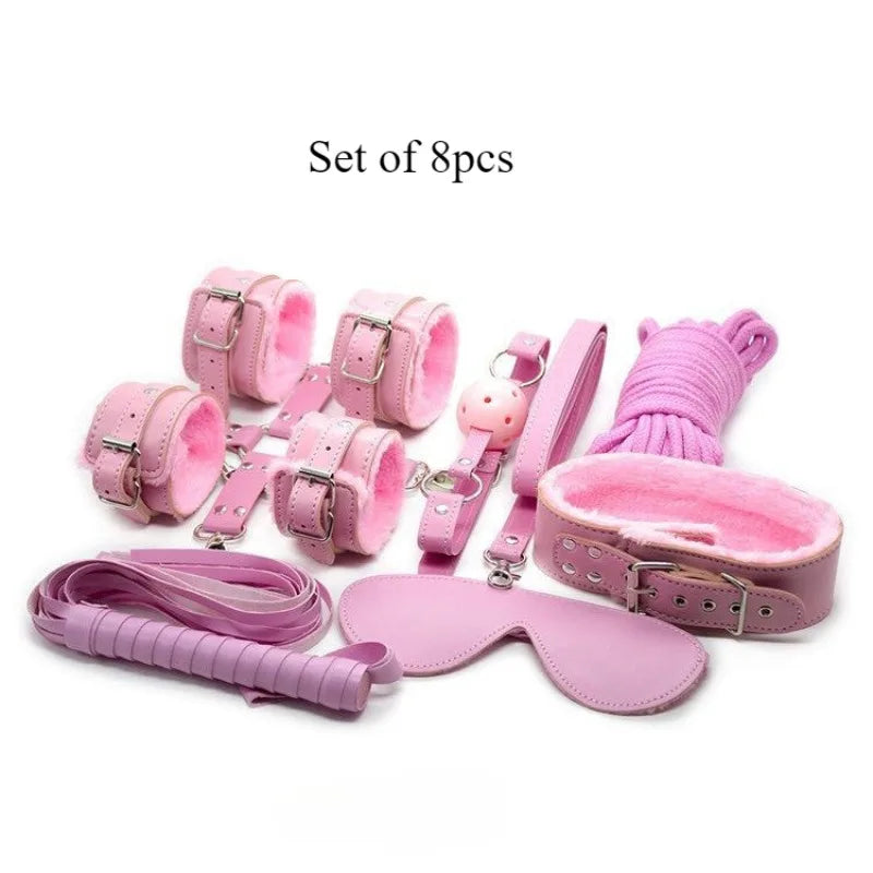 7/8/10Pcs Set Bondage Gear BDSM Plush Leather Wrist Leg Restraint Straps Hand Ankle Cuffs Adults Sex Toys Restraint Kits