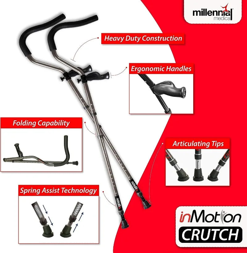 in-Motion Pro Crutch Foldable Ergonomic Handles Spring Assist Technology Articulating Tips Size Tall (5'7" - 6'10")