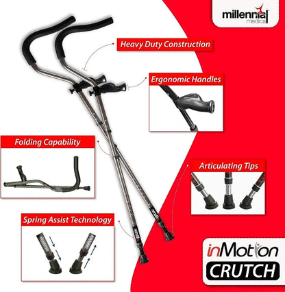 in-Motion Pro Crutch Foldable Ergonomic Handles Spring Assist Technology Articulating Tips Size Tall (5'7" - 6'10")