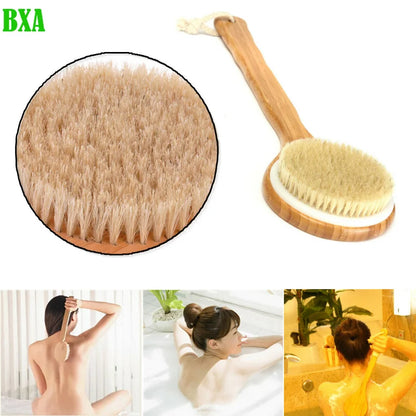 BXA Wooden Handle Natural Bristle Bath Brush Exfoliating Wooden Body Massage Shower Brush SPA Woman Man Skin Care Dry Body Brush