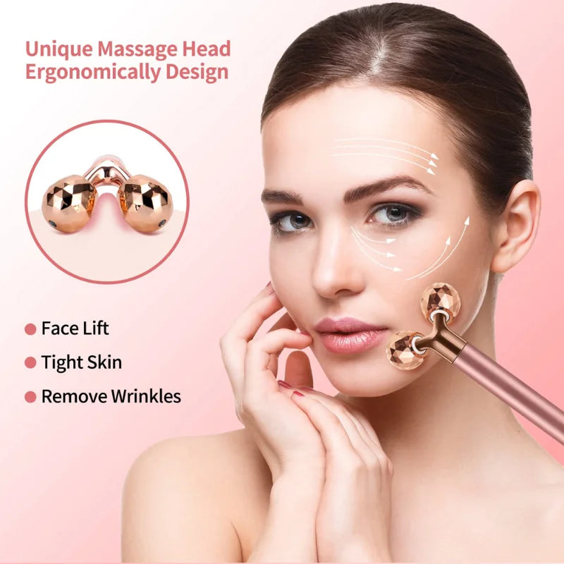 24K Glod Electric Face Massager 3D Roller 2 in 1 Facial Pulse T Shape Massager Kit Arm Eye Nose Massager Skin Care Tools