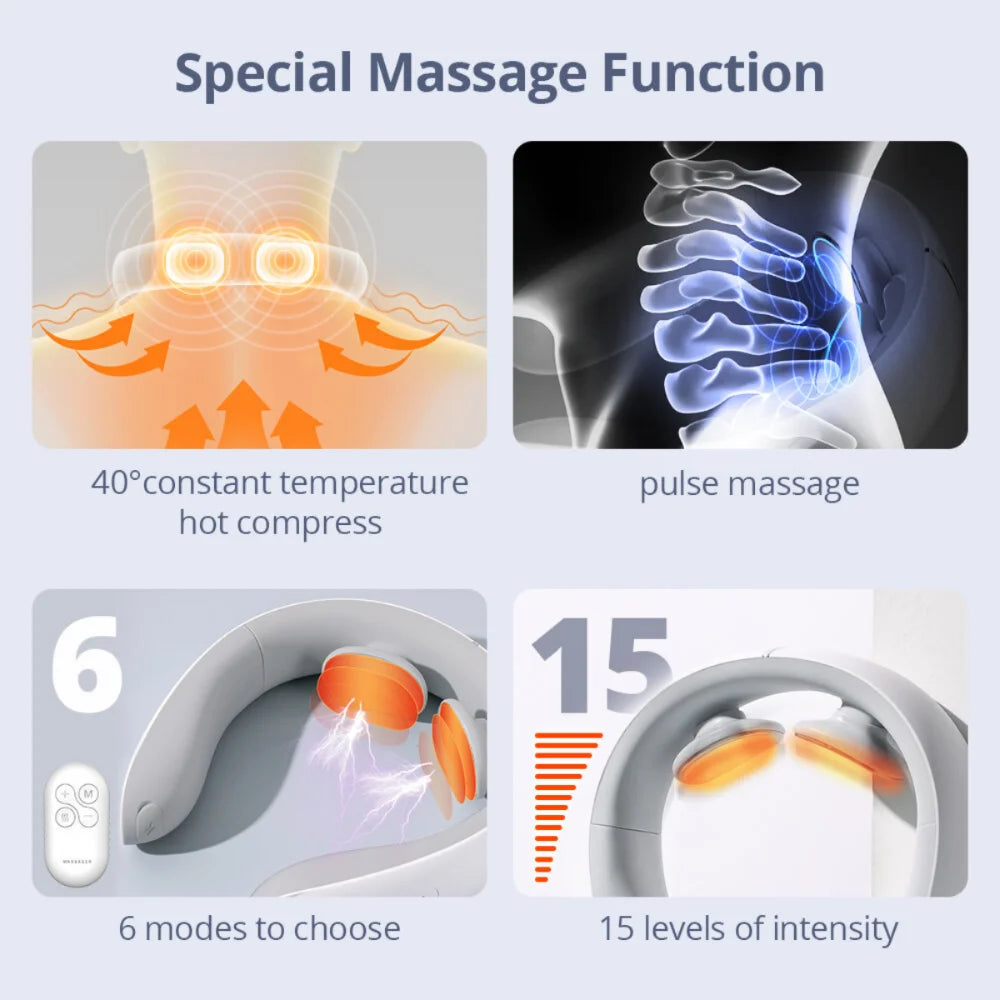 TENS Pulse Massage Instrument 6 Mode 15 Levels Deep Tissue Relax Portable Electric Neck Massager 40° Hot Compress Heating