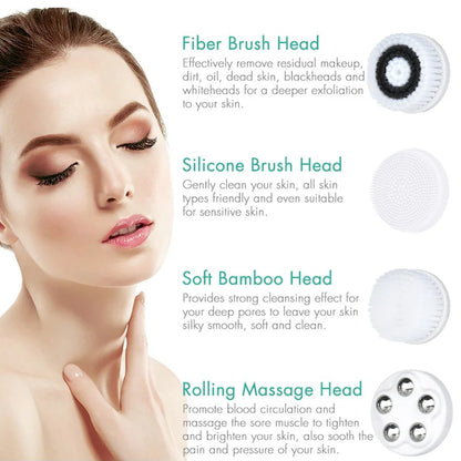 New Electric Facial Cleansing Brush with 4 Brush Heads 3 Modes Skincare Waterproof Wireless Facial Cleansing Device