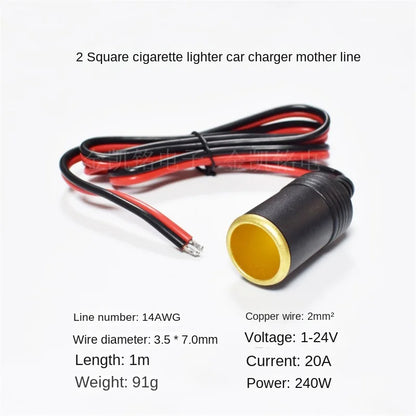 20A Car Charger Socket Cable - 14AWG Pure Copper - 2mm² - 1m - Gold-Plated Cigarette Lighter Female Connector - for 12V/24V Auto