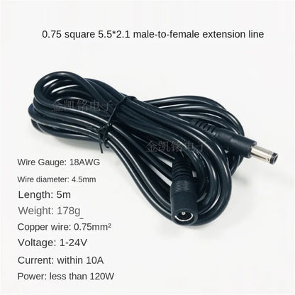 10A 12V DC Power Extension Cable, Thick Pure Copper 0.75mm², DC5.5*2.1 Male To Female, 5m, Black for Surveillance