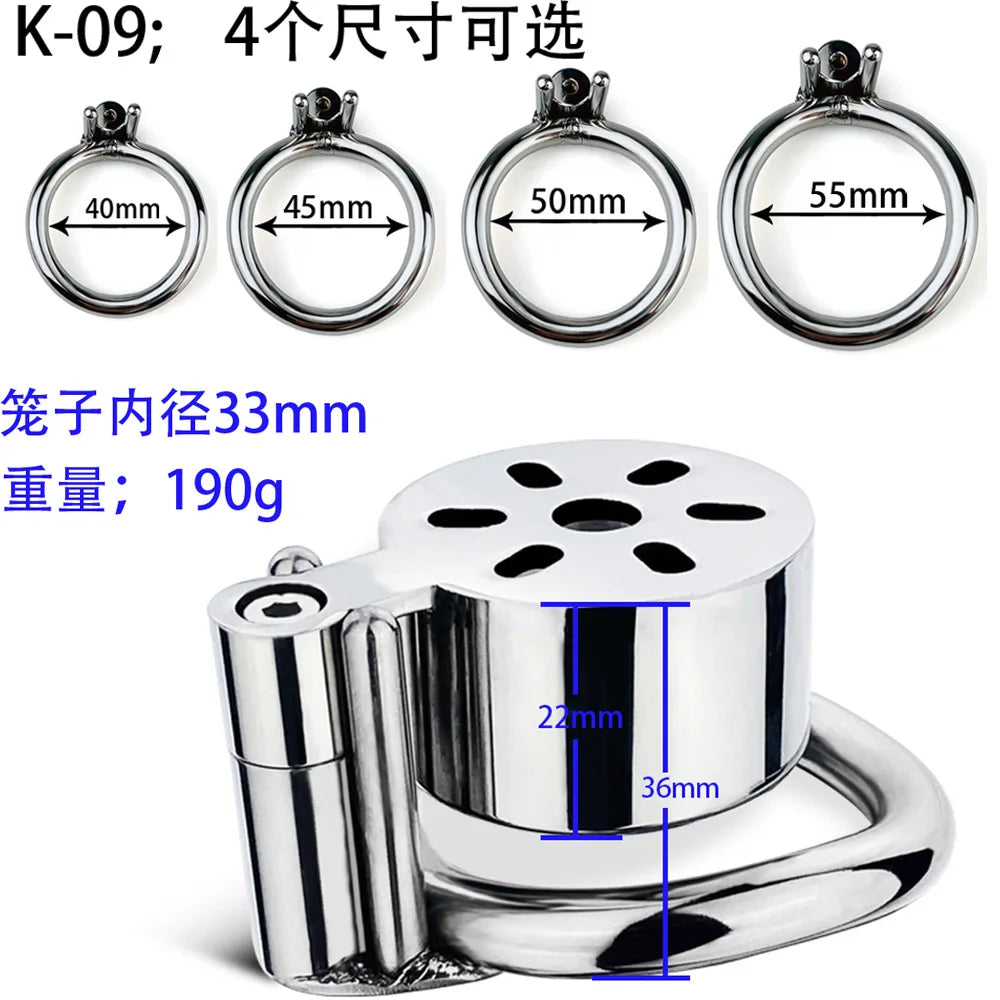 Stainless Steel Flat Cap Chastity Cage Lock w/ Air Hole Catheter for Anti-Escape Male Convenient Urination Penis Cage Exerciser