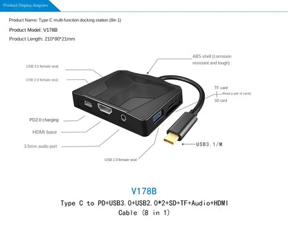 Type C To 8-in-1 Hub: HDMI Converter + USB HUB