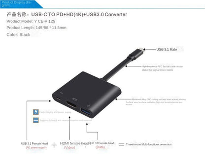 Type-C To HDMI (4K) + USB 3.0 + PD 3-in-1 Expansion Dock - Cross-Border for Gaming, Mobile, and Laptops