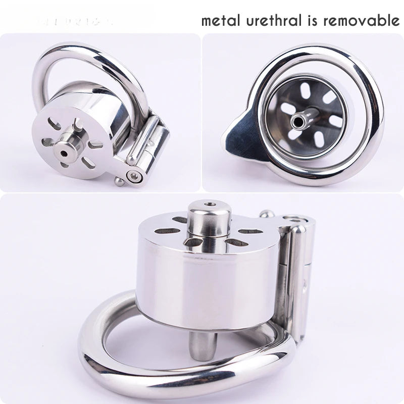 Stainless Steel Flat Cap Chastity Cage Lock w/ Air Hole Catheter for Anti-Escape Male Convenient Urination Penis Cage Exerciser