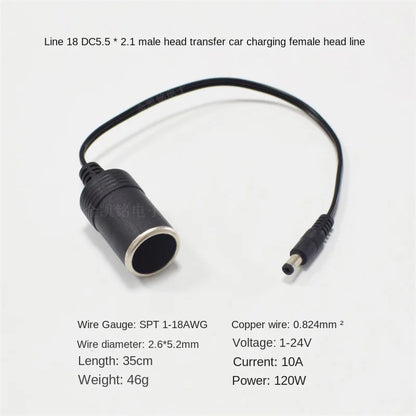 Universal 12V/24V 10A 120W Copper DC5.5*2.1mm Plug To Cigarette Lighter Socket Car Charger Cable 35cm