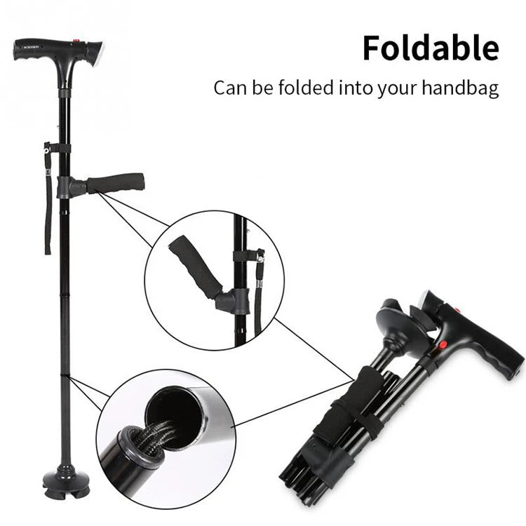 New Telescopic Folding Crutch Cane Elder Cane LED with Alarm Walking Trusty Sticks Elder Collapsible Crutch for Mothers Fathers