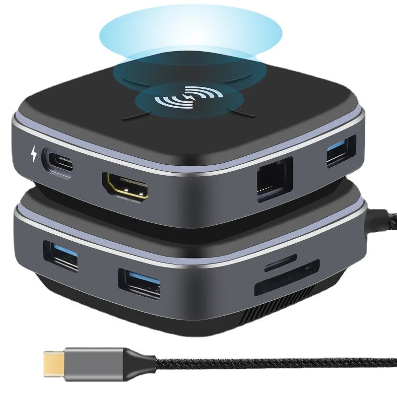 9-in-1 Type-C Docking Station - Wireless Fast Charging - Type-C To Hub Adapter - MacBook Expansion Dock - USB-C Hub