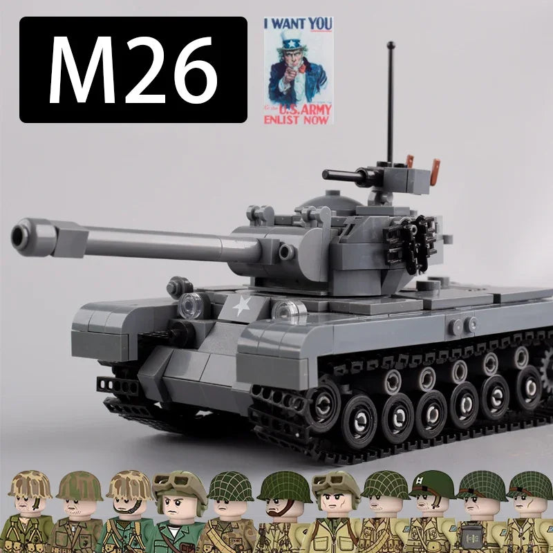 WW2 Military Vehicle M26 Pershing Tank Building Blocks Army Halftrack Car Truck Bricks Toys Model US Soldiers Figures Waepon