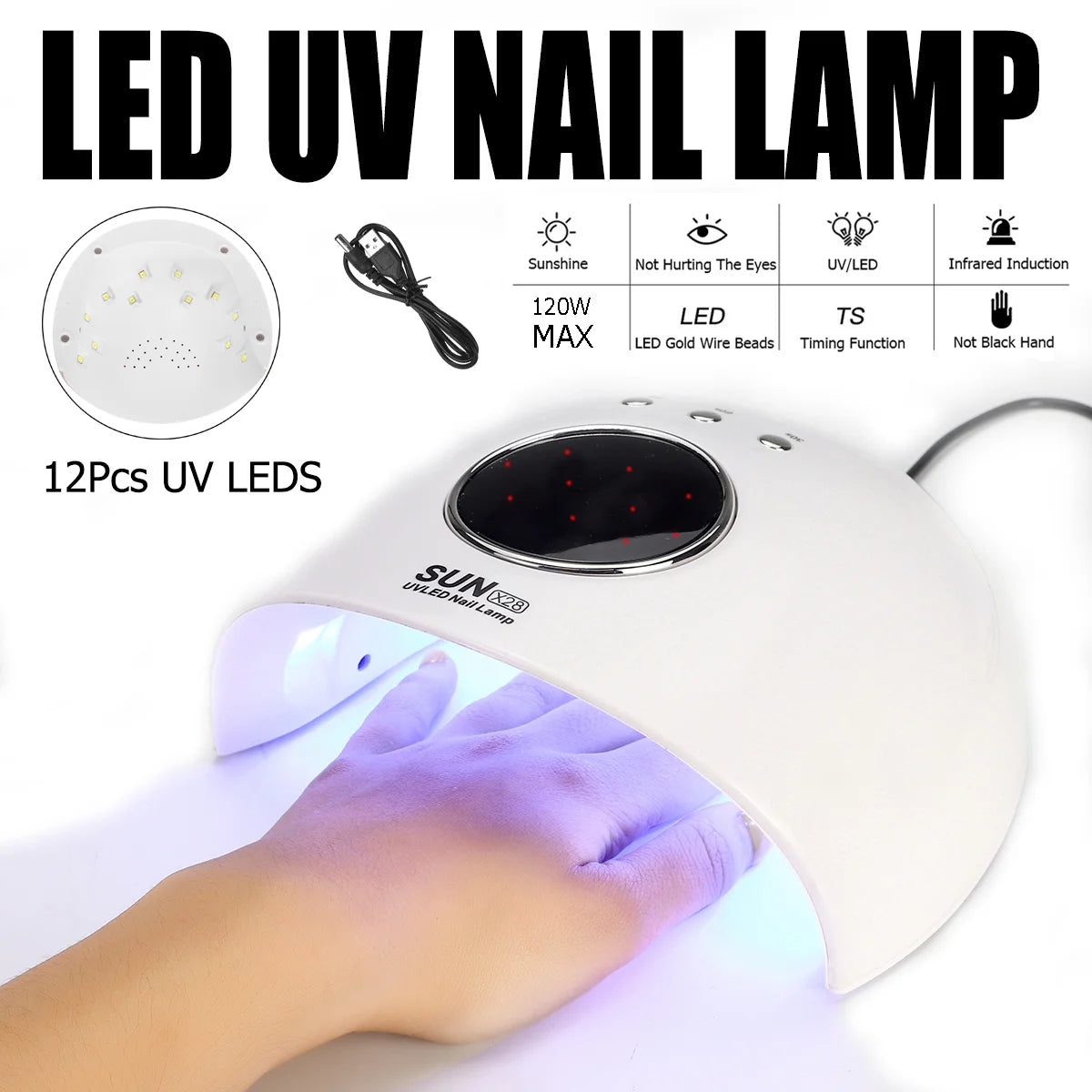 New 120W UV 12 LED Beads Nail Lamp For Manicure Polish Glue Lamp Gels Nail Dryer Curing Light Timing Phototherapy Machine