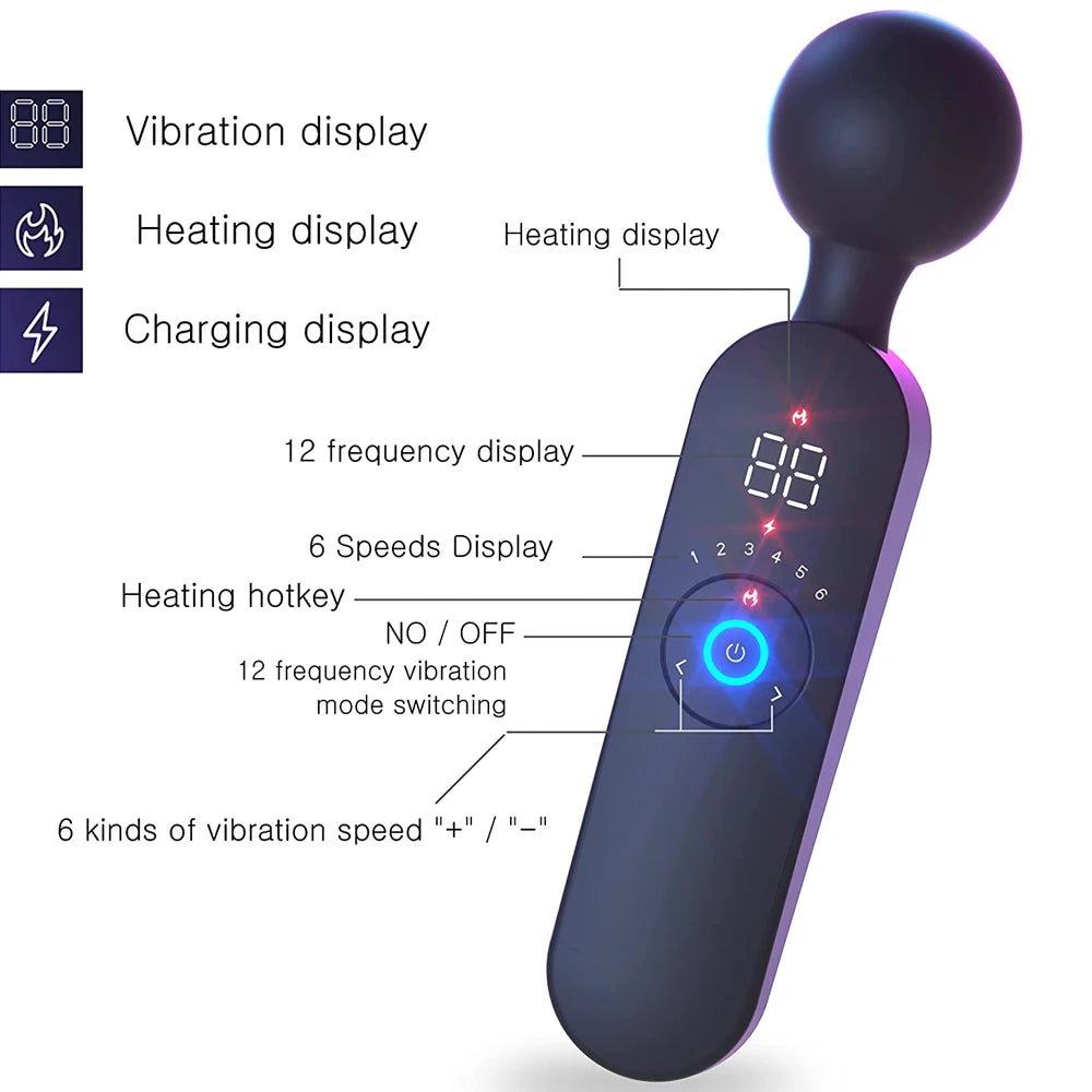 AV Vibration Rod Heating Digital Display Cordless Handle Massager Electric Silicone Vibrator Powerful Neck Back Body Massage