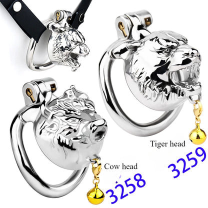 Stainless Steel Cow Tiger Head Shape Cock Cage Male Chastity Device Cock Ring Penis Lock with Belt for Adult Game Metal Sex Toy