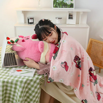 2 In1 Stuffed Cartoon Animal Strawberry Bear Stitch Pillow Blanket Cute Cushion Blanket Home Car Travel Pillow for Children Gift