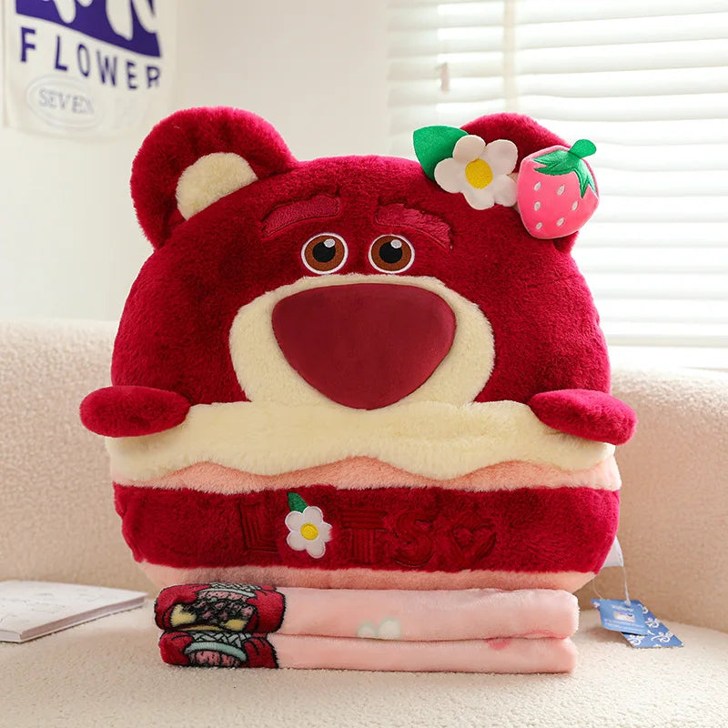 2 In1 Stuffed Cartoon Animal Strawberry Bear Stitch Pillow Blanket Cute Cushion Blanket Home Car Travel Pillow for Children Gift