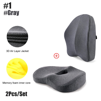 2pc Memory Foam Massage Pillow Seat Cushion Orthopedic Coccyx Office Chair Cushion Waist Back Lumbar Support Car Seat Hip Pad