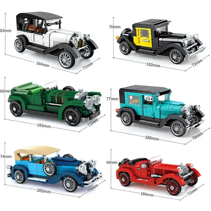 Technical Retro Antique Vintage Car Speed Champions Model Building Blocks City Classic Toys Gift Roadster Vehicle Supercar Brick