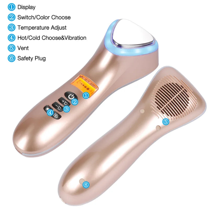 Home Hot and Cold Hammer Ultrasonic Cryotherapy LED Photon Shrink Pore Facial Lifting Vibration Massager Ultrasonic Skin Care