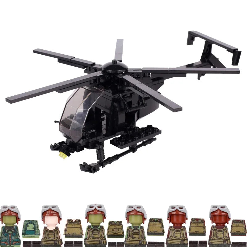 202pcs Modern Army USA MH-6 Little Bird Helicopter Building Block Pilot Soldier Figure Kids Toys Clothing Sticker Printed Bricks