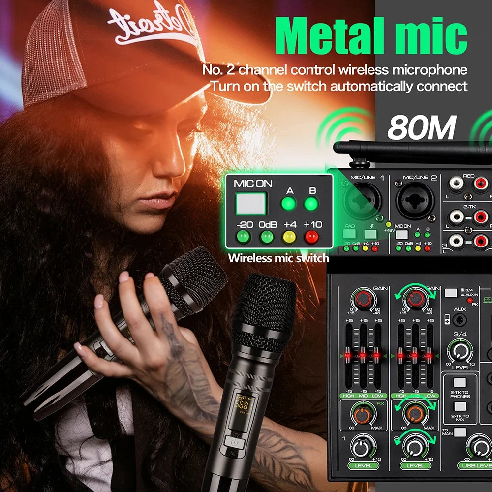 USB 4-channel Mixer with UHF Wireless Microphone for PC Recording and Mixing DJ Console, with Bluetooth Mini Mixer