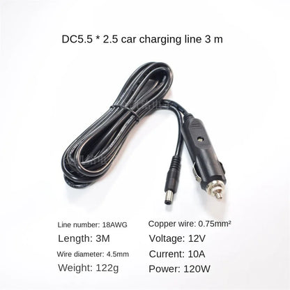 12V Car Charger Power Cable 0.75mm² Pure Copper Cigarette Lighter To DC5.5*2.5mm Universal Fork Plug 10A 3m