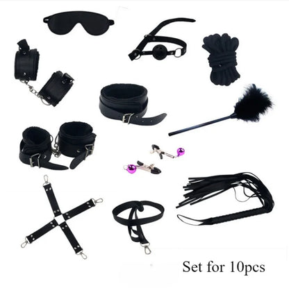 7/8/10Pcs Set Bondage Gear BDSM Plush Leather Wrist Leg Restraint Straps Hand Ankle Cuffs Adults Sex Toys Restraint Kits