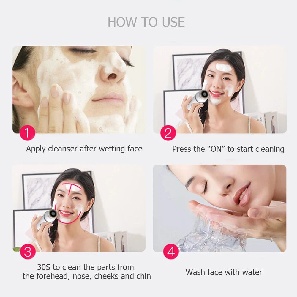 4 in 1 Electric Facial Cleanser Massage Wash Auto Rotating Face Cleansing Machine Waterproof Removal Pore Blackhead Exfoliator